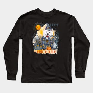 Samoyed Happy Howl-o-ween Ghost Houses Funny Watercolor Long Sleeve T-Shirt